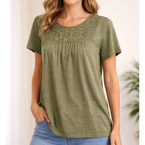 Ella Moss Olive Green Cotton Blend Soft Eyelet Detail Short Sleeve Shirt Sz XXL